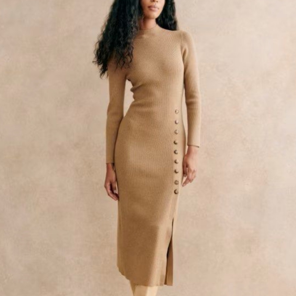 ✨ SALE✨Sezane Harper Midi Knit Dress - Camel Beige Tan Wool Blend French Holiday - Picture 2 of 9